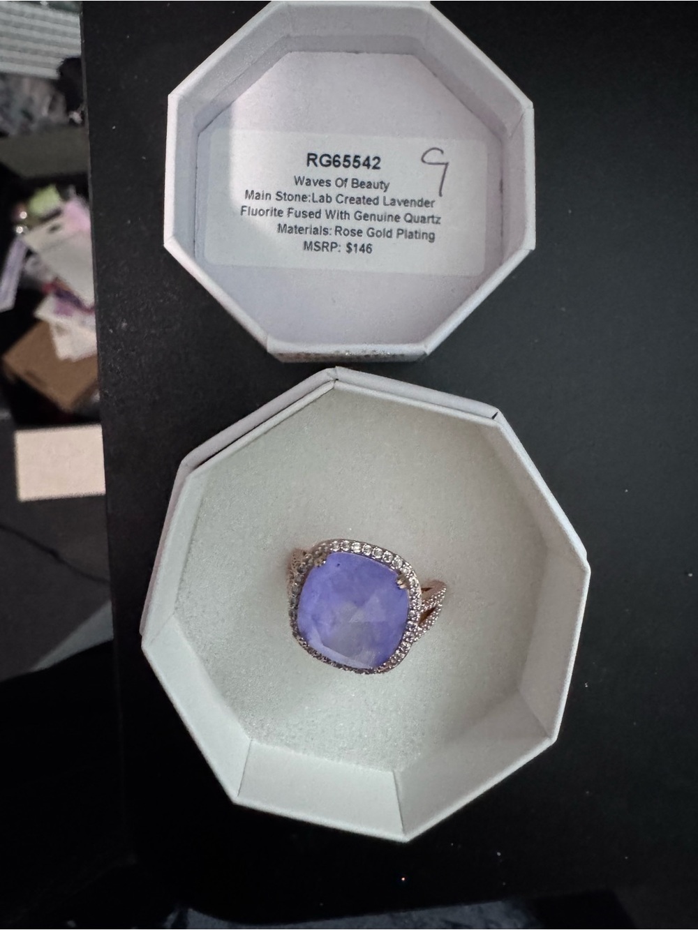 Waves of Beauty Rose Gold Lavender Cushion Ring
